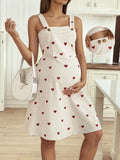 Pregnant Women's Maternity Casual Corduroy Short Overall Dress, Heart Print with Pocket and Button Detail for Summer Daily Wear