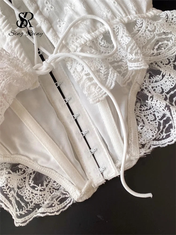 SINGREINY Embroidery Lingerie Corset Top Ladies Strap Lace Up Shapwear Flirty Camisole French Lace Ruffles Hotsweet Tank Top
