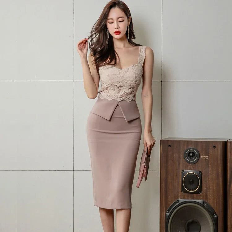 Summer New Women's Sexy Lace Split Dress V-Neck Strapless Midi Skirt Fashionable Fake Two-Piece Bodycon Dress Polyester Fiber