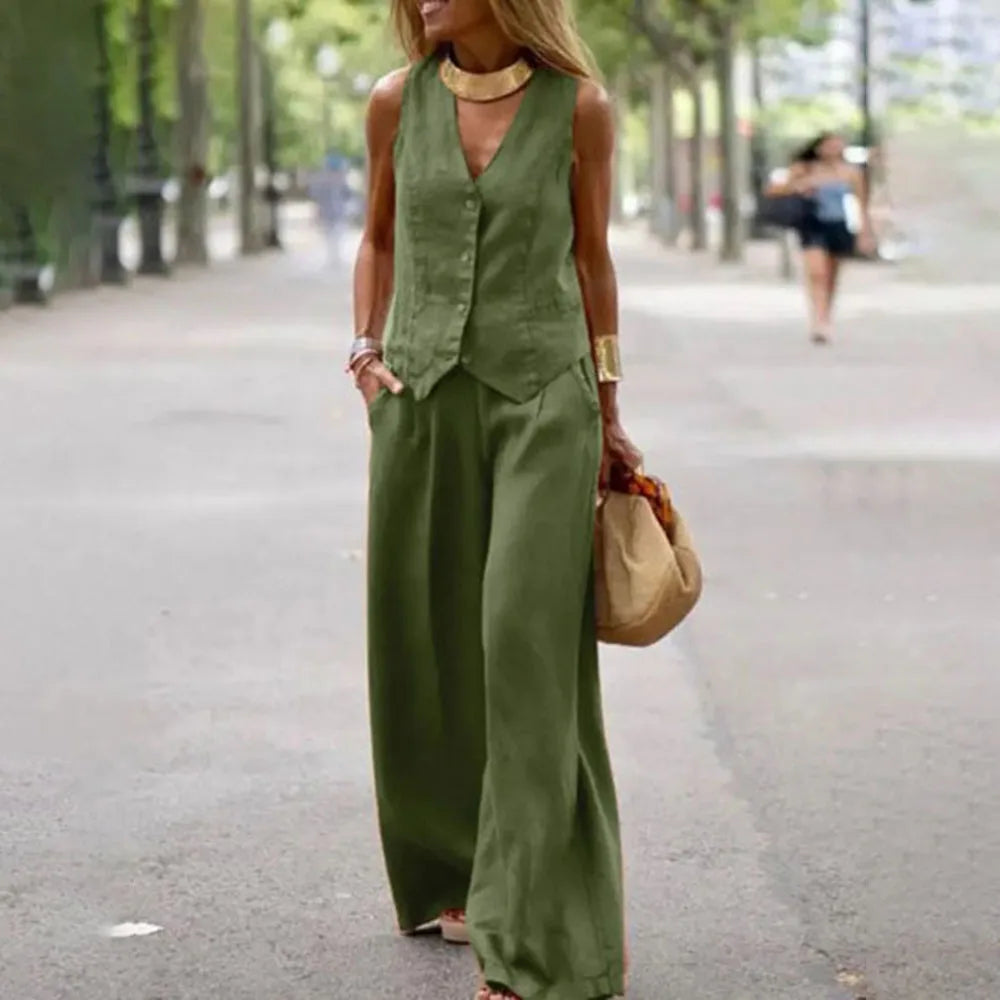 Casual Tank And Wide Leg Pant Sets 2 Piece Sets Women Outfit Summer Elegant Solid Cotton Linen Tops Trousers Suit Femme