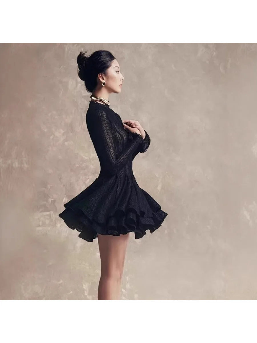 TWOTWINSTYLE Solid Hollow Out Slimming Dresses for Women O Neck Long Sleeve High Waist Temperament Dress Female Fashion