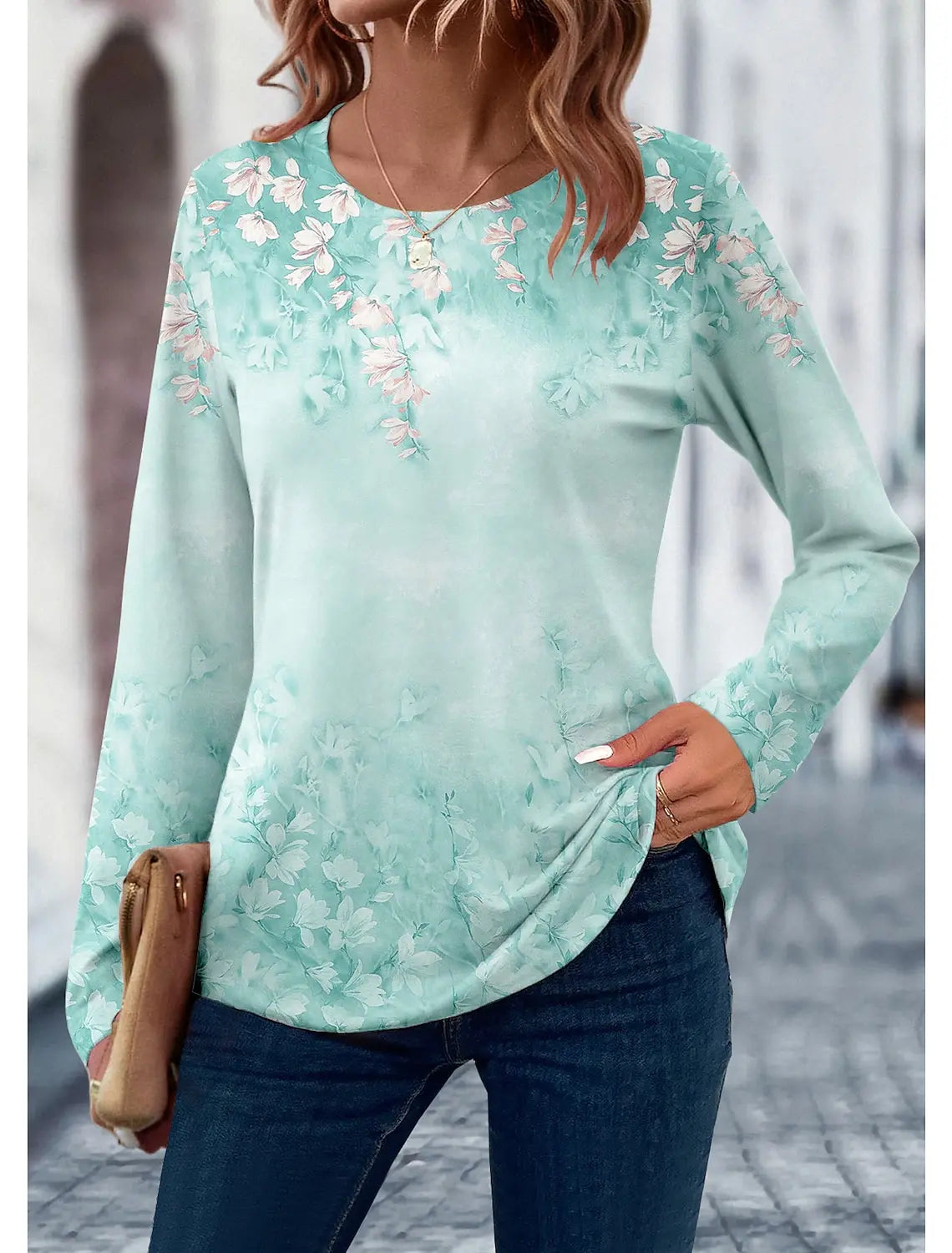 2024 Women's T shirt 3D Print Floral Leaf Design Long Sleeve Daily Weekend Fashion Round Neck Regular Fit Spring & Summer
