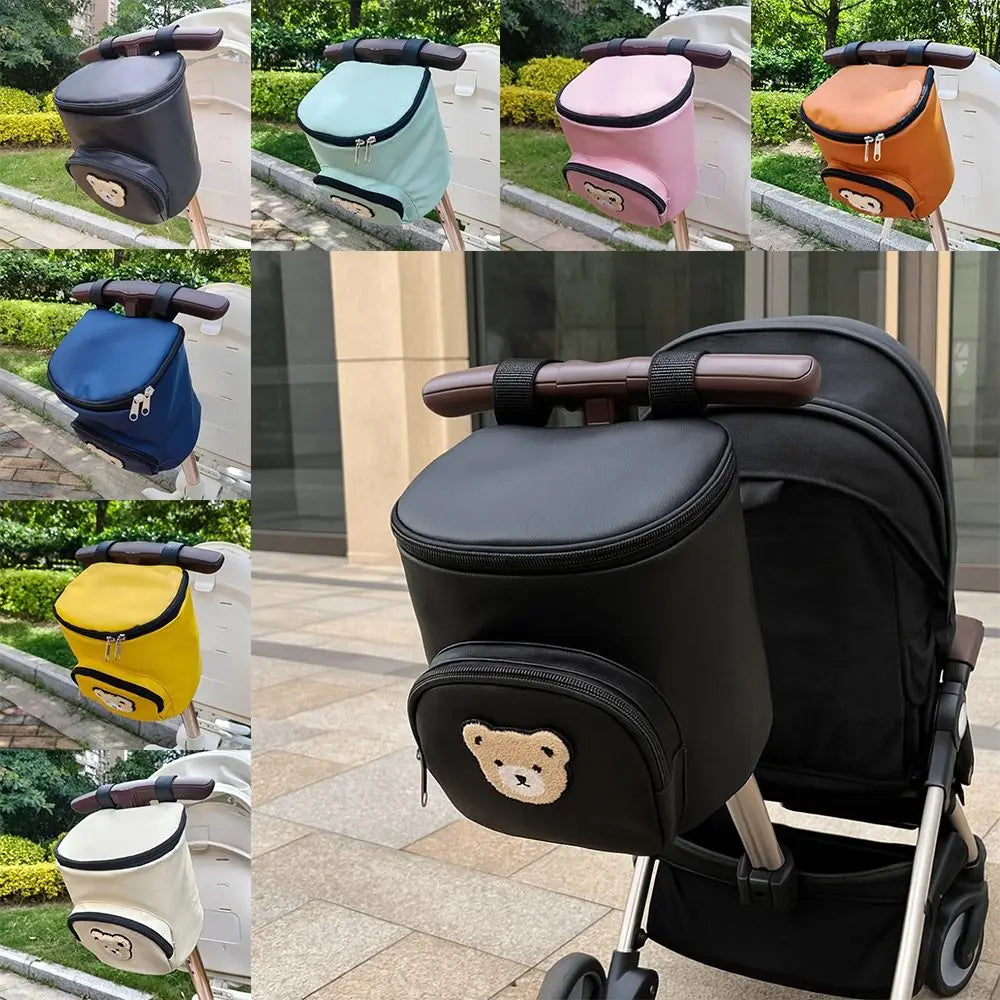 Portable Waterproof Baby Stroller Hanging Bag PU Leather Cartoon Bear Umbrella Cart Bags Large Capacity Storage Bag