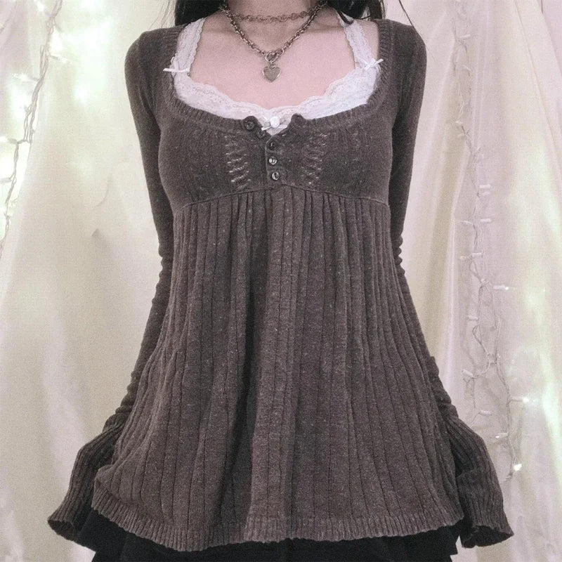 Vintage Babydoll Tops Pullovers Lady Aesthetic Coquette Knit Sweaters Outfit Autumn Square Neck Long Sleeve Knitwear Jumpers