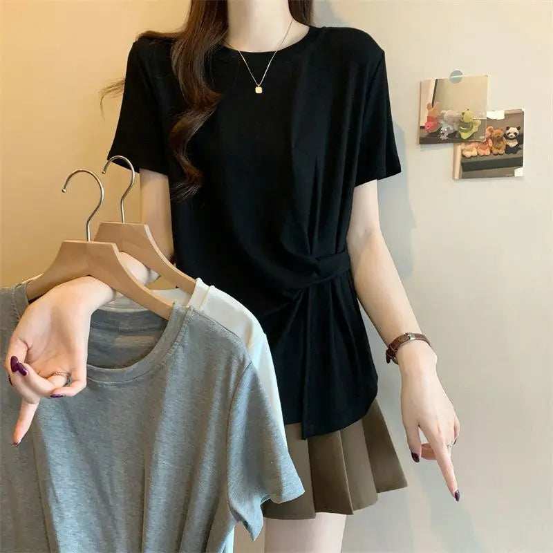 Spring and Summer Large-size Women's Clothing New Solid Color Loose and Thin Irregular Design Round Neck Short-sleeved T-shirt