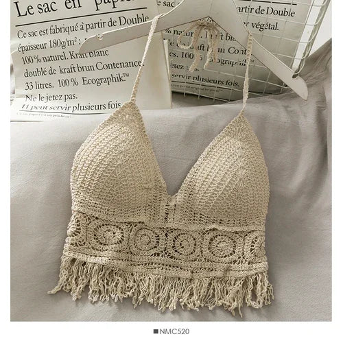 Crop Tops Retro Wild Hollow Perspective Tassel Sexy Spaghetti Strap Tanke Top Women Built In Bra 2021 New Back Lace Halter Neck