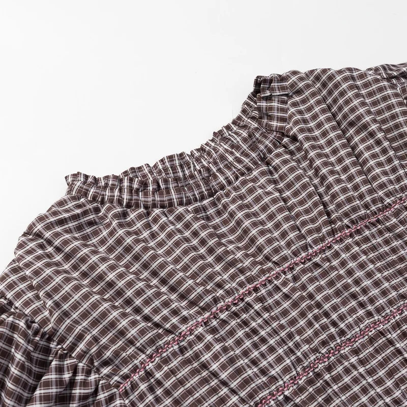 Preppy Style Plaid Ruffle Neck Puff Sleeve Tiered Peplum Blouse Women Casual School Daily Tops