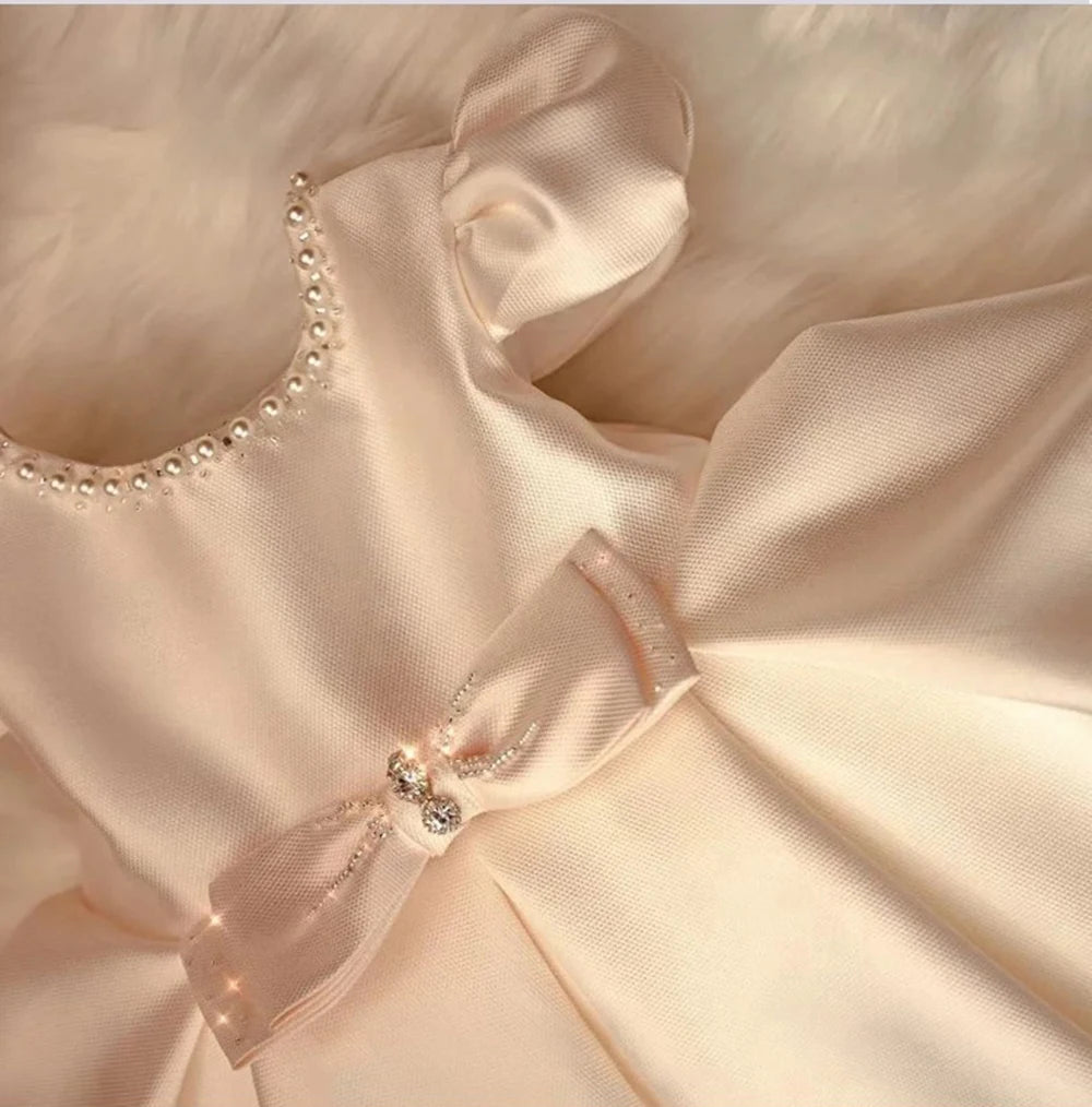 Champagne Satin Girl Party Dress Beading Kids Elegant Dresses For Girls Princess Clothes Luxury Birthday Gown Baby Vestidos 1-8Y