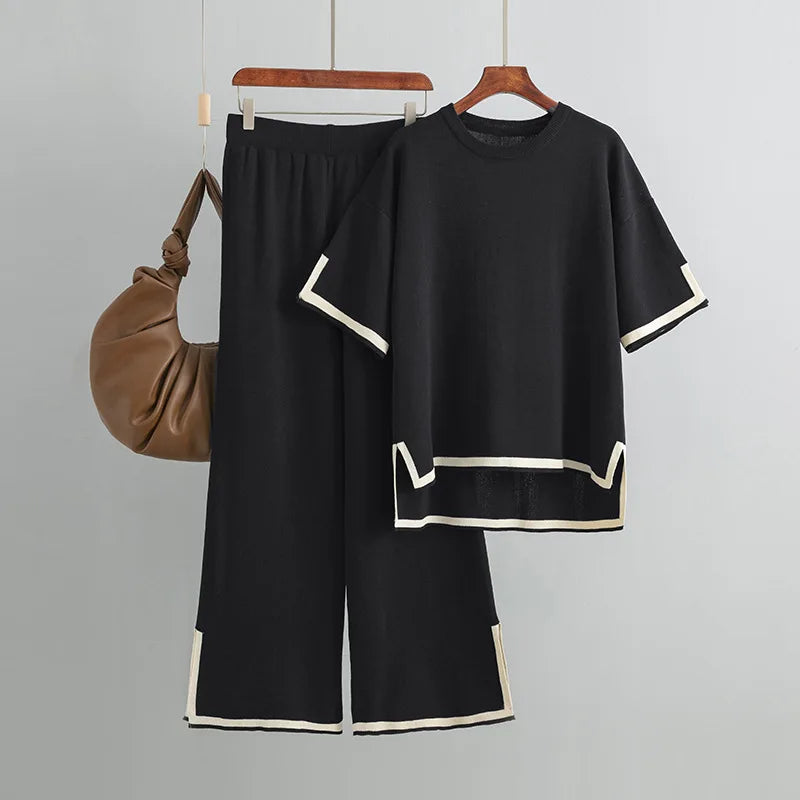 Women Two Piece Set Knit Sweater Suit Short Sleeve Round Neck Tops Loose Wide Leg Pants Solid Splice Midi Waist Casual