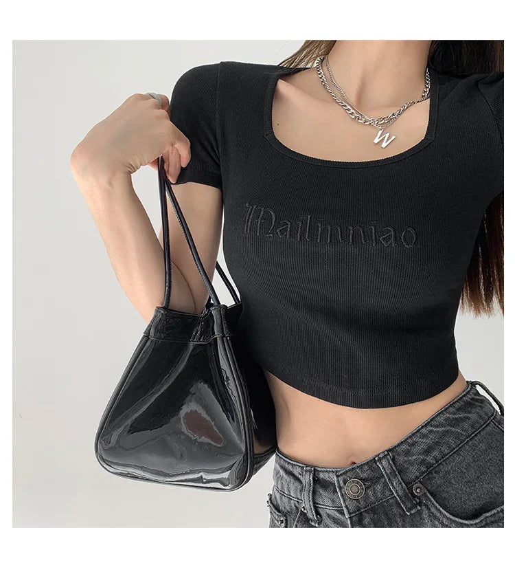 Tshirts Superior Quality spring/summer Letters Embroidery Short Sleeve Tall Waist Fashion Ladies Tops Dropshipping WYP6723