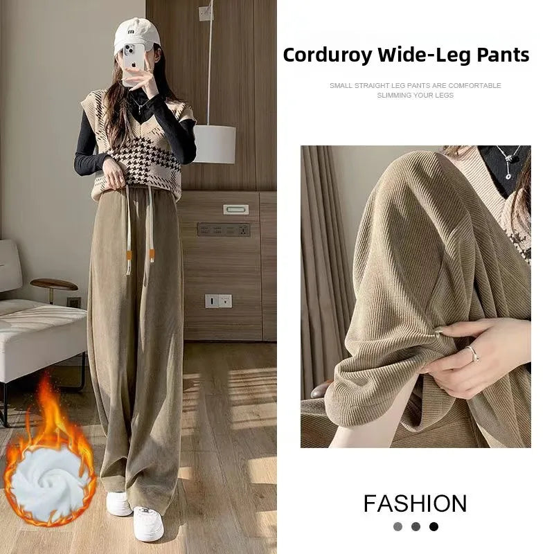 Women's High Waist Fleece Lined Corduroy Wide Leg Pants Thickened Casual Sports Straight Long Trousers Autumn Winter Fashion