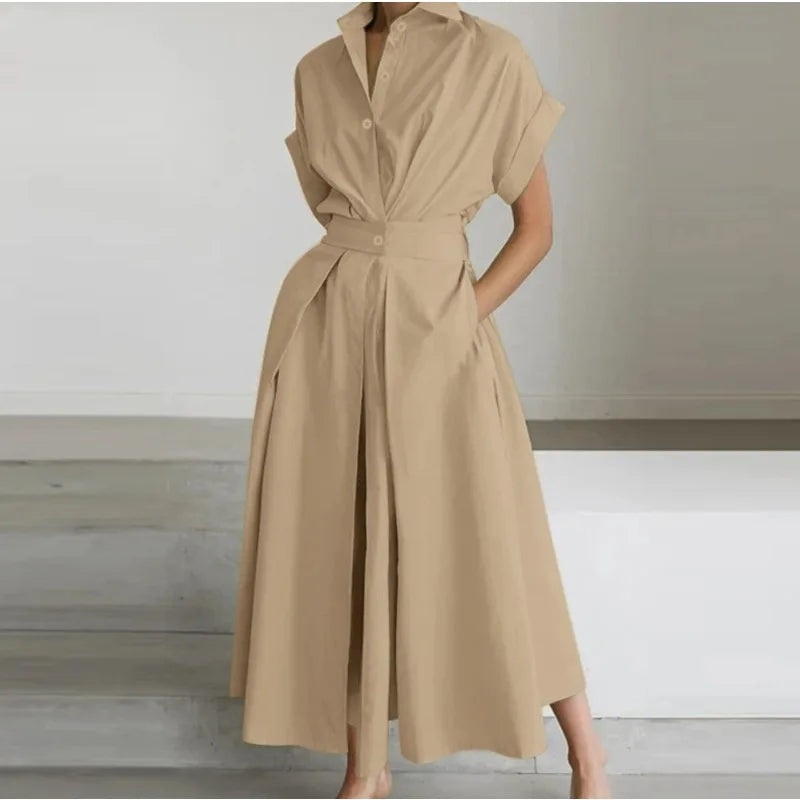 2026 New Fashion Solid Long Dress Short Sleeve Loose Elegant Summer Dress Buttons A-line Party Women's Slim Waist Dress