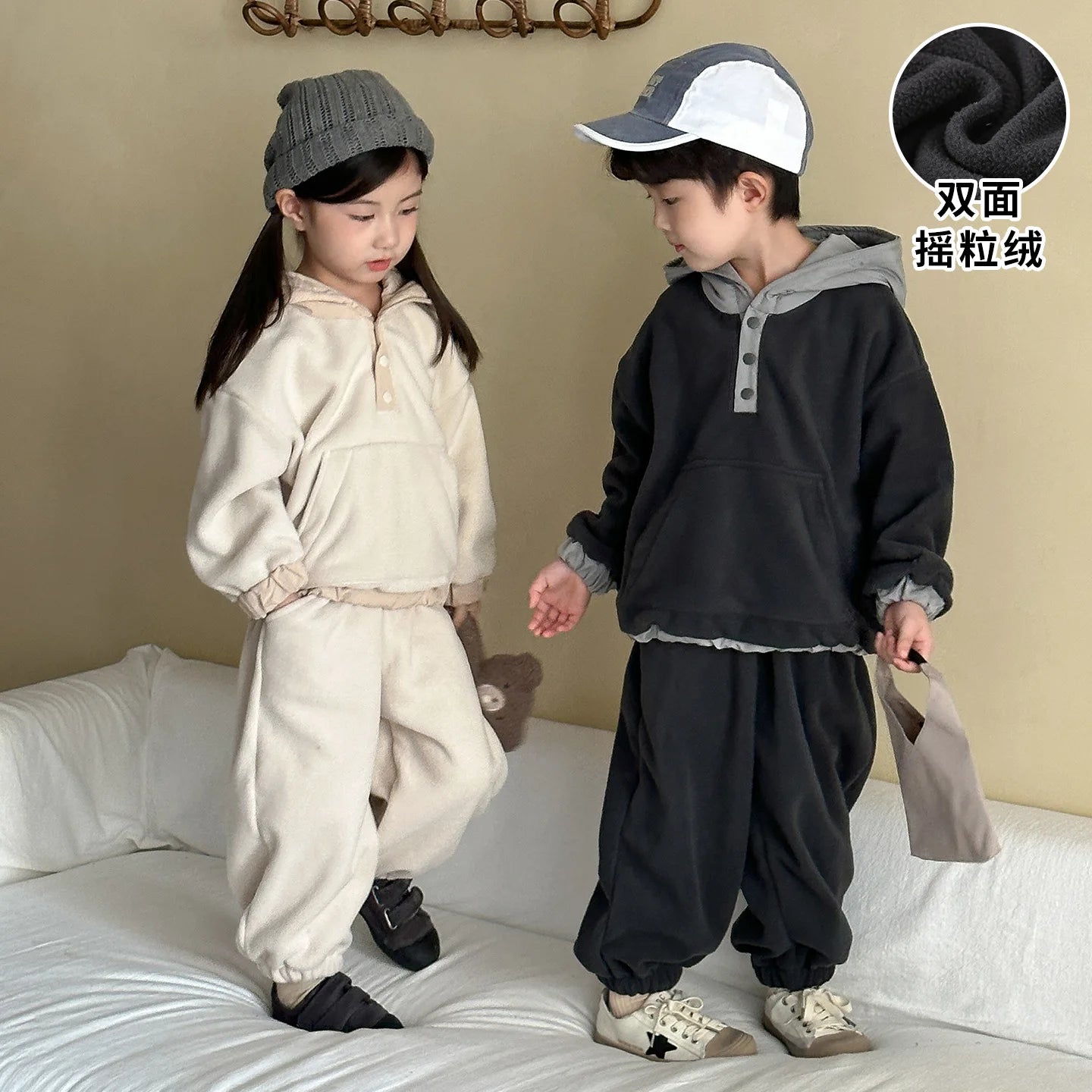 2025 New Baby Casual Kids Fleece Suit for Boys and Girls Plus Velvet Warm Sweatshirt Two-piece Set Boutique Clothing SimpleStyle