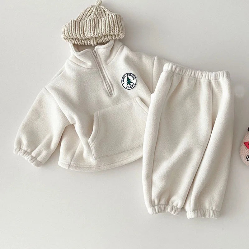 2025 Autumn Baby Boys Clothing Sets Children Thicken Plush Clothes Girls Solid Cotton High Collar Tops+ Pant 2 Pieces Suits