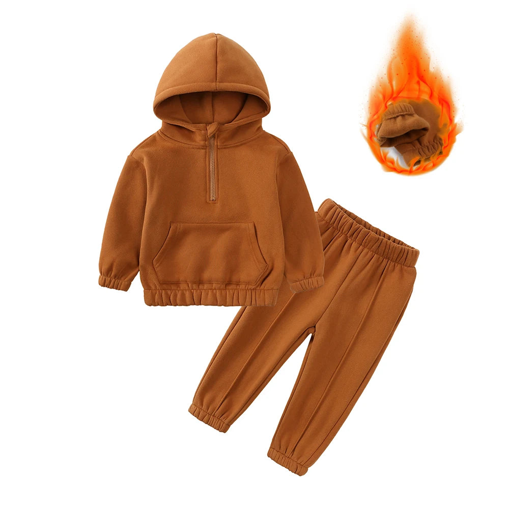 2026 Winter Children Fleece Outfits Toddler Warm Thicken Cotton Soild Hoodies+Pants Tracksuit Kids Boy Girl Sweatsuits Sets