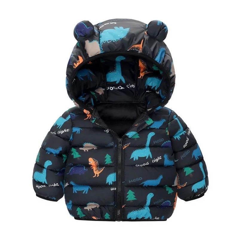 Cartoon Dinosaur Print Boys Baby Lightweight Down Jackets Warm Hooded Outerwear Winter Autumn Kids Girls Coats Casual Clothing