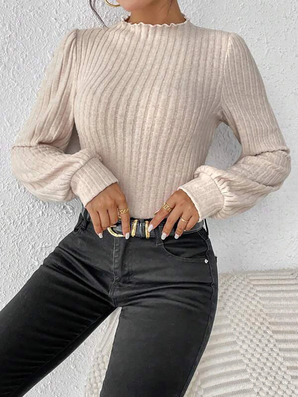 Ribbed Knitted Skinny Body Suit Top for Women Lantern Sleeve Women's wavy stand collar Bodysuit  2023 New Autumn Winter Outfits