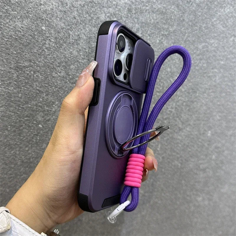 New Armor Magnetic Bracket Cases for iPhone 16 14 13 12 11 15 Pro Max Plus With Lanyard Slide Camera Protection Shockproof Cover