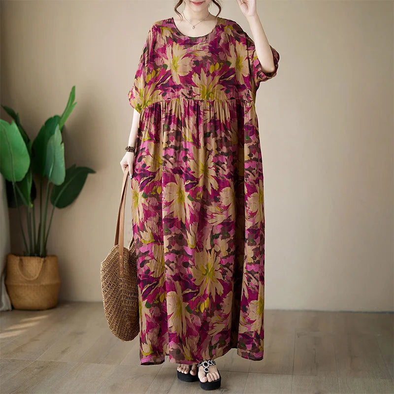 THHONE Vestidos Para Mujer Bohemian Print Maxi Long Dress for Women 2024 Floral Casual Cotton Linen Loose Vintage Robe Dresses