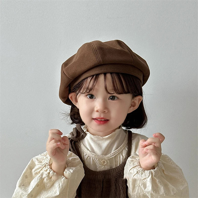 Autumn Children Beret Japanese Girl Octagonal Hat Solid Color Fashion Kids Pumpkin Hats Baby Artist Painter Cap 1-5year Toddler