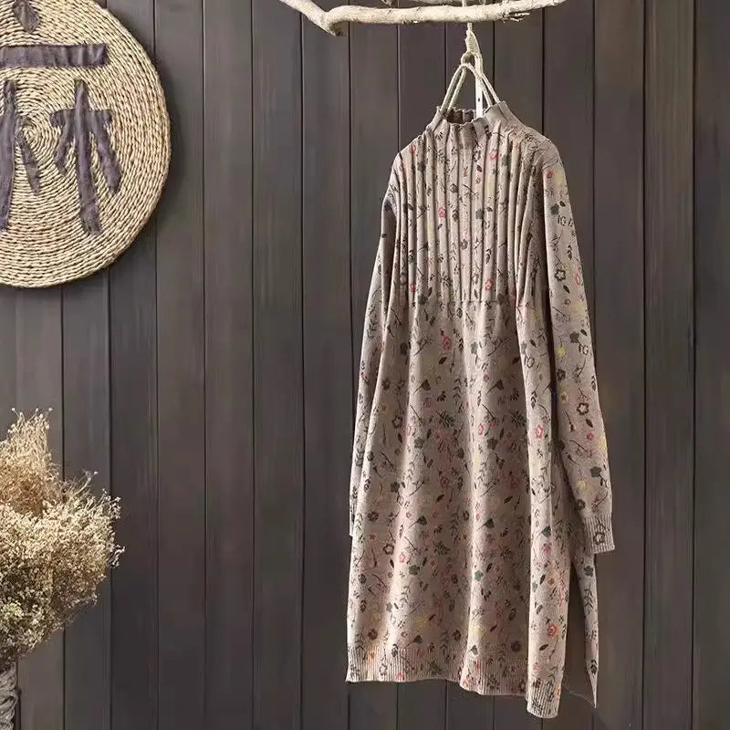 Retro Printed Half High Necked Sweater Dress 2026 Spring Autumn Mid Length Loose Oversized Pullover Bottom Knit Shirt Z4697