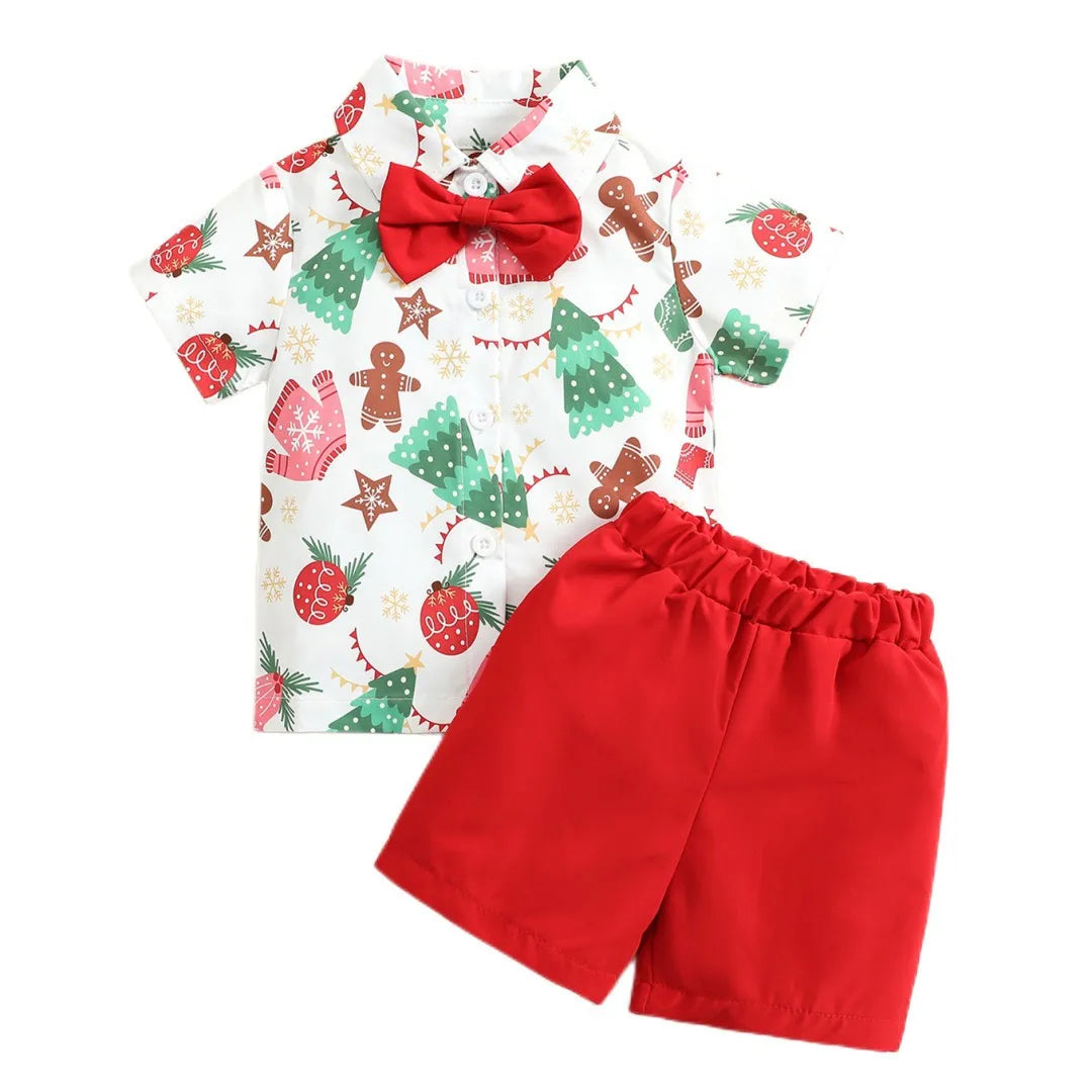 Ceeniu 1-5Y New Year Costume For Boy Christmas Outfit Santa Deer Printed Necktie Shirts and Red Pants Children Christmas Clothes
