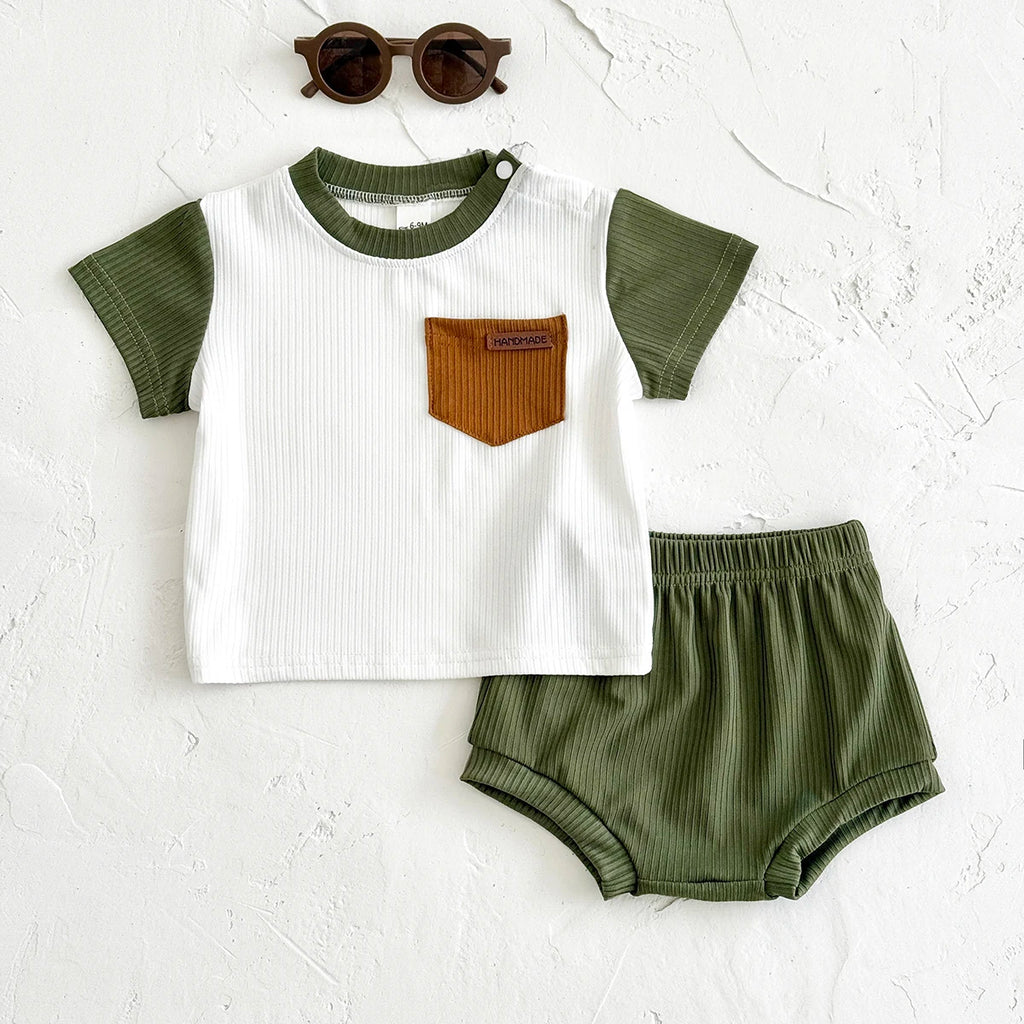 New Baby Boys Girls Suit Summer Style Green and White Splicing Tees+Loose Shorts Girls 2Pcs Casual Infant Sets Toddler Clothes