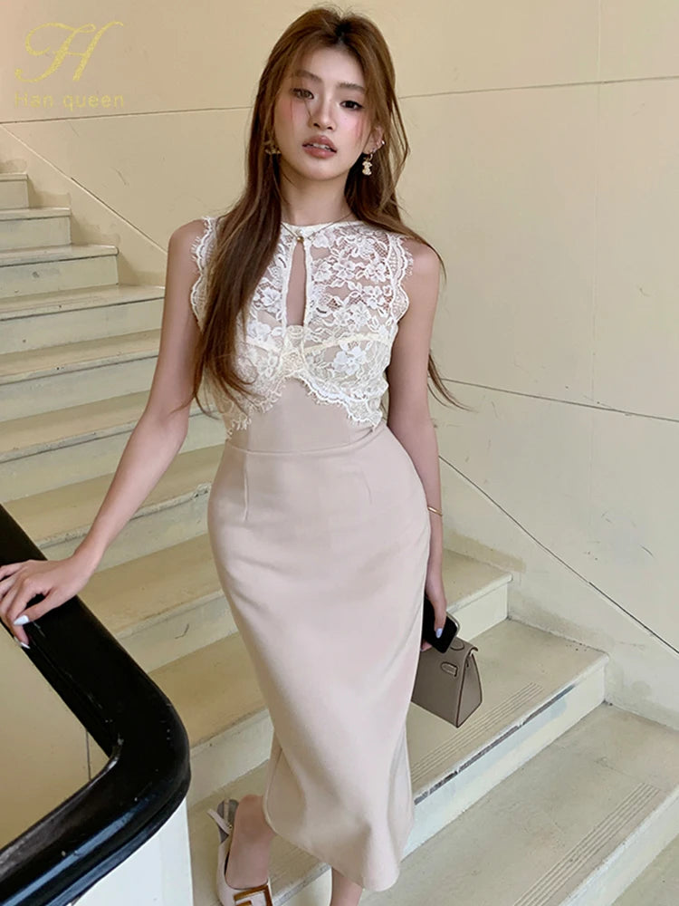 Fashion Sexy O Collar Sleeveless Vintage Club Party Dresses Halter Strapless Summer OL Lace Bodycon Pencil Dress