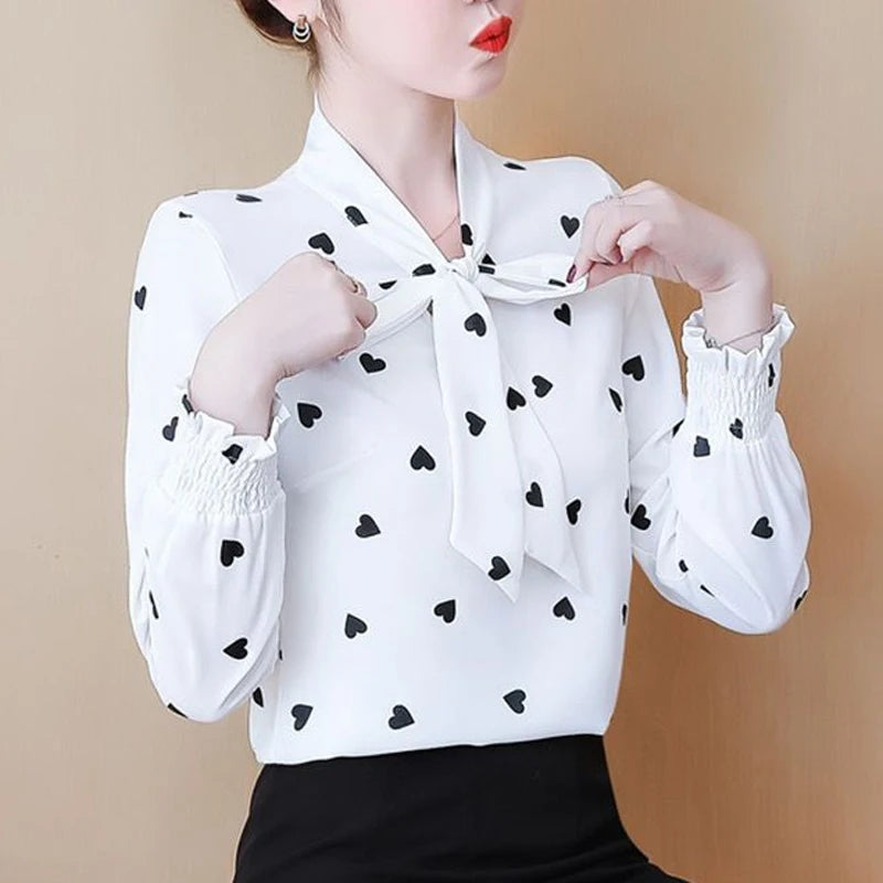 Elegant Printing Bow Blouse Spring New Long Sleeve All-match Chiffon Lacing Loose Shirt Tops Vintage Fashion Women Clothing