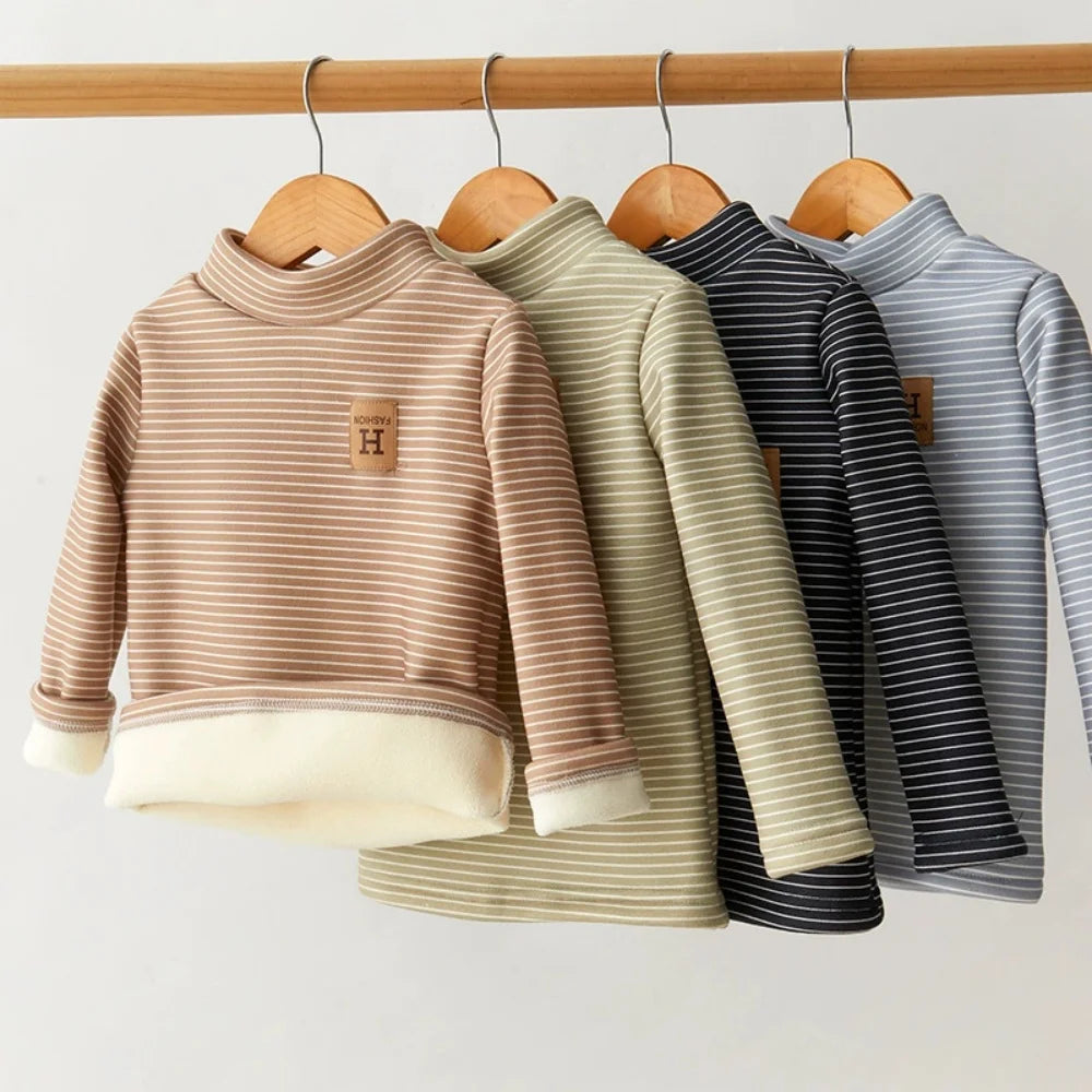 Children's Velvet Bottom Shirt New Mid to Large Children's Half High Collar Warm Autumn and Winter Baby Top Long Sleeve T-shirt