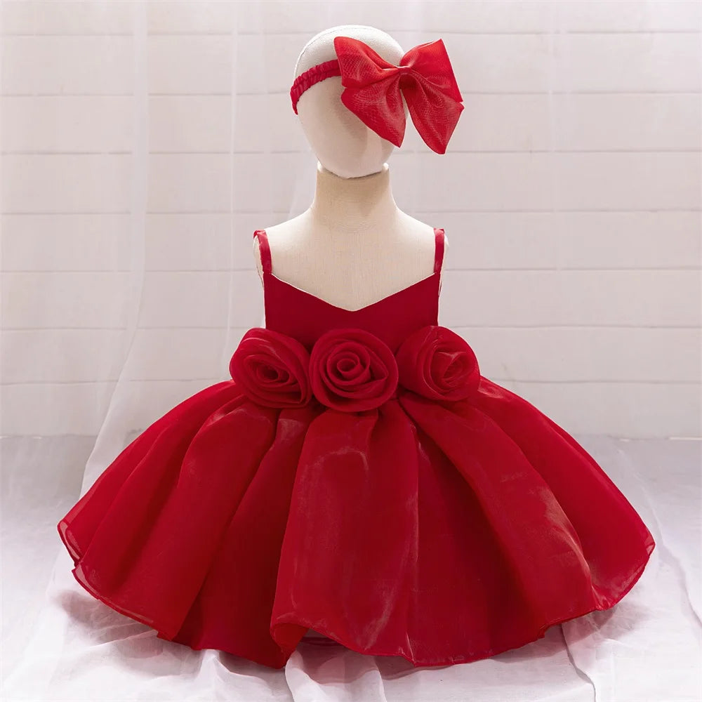Baby Girl Dress Big Flower Ceremony Pink 1st Birthday Clothes For Baptism Bow Princess Kids Costume Party Wedding Gown Vestidos