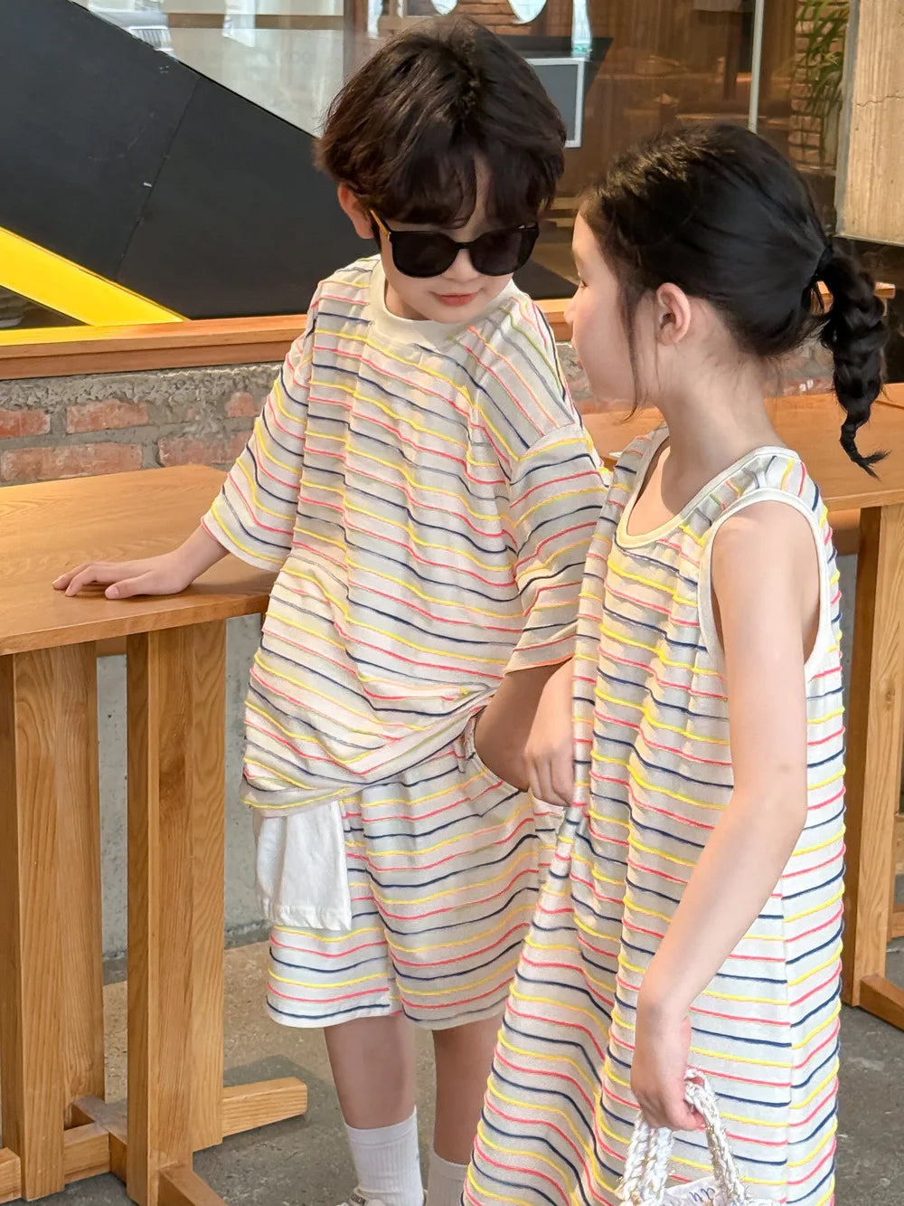 2025 Summer New Children Short Sleeve Clothes Set Boys Striped 2pcs Suit Kids Girls Colorful Vest Dress Brother Sisters Outfits