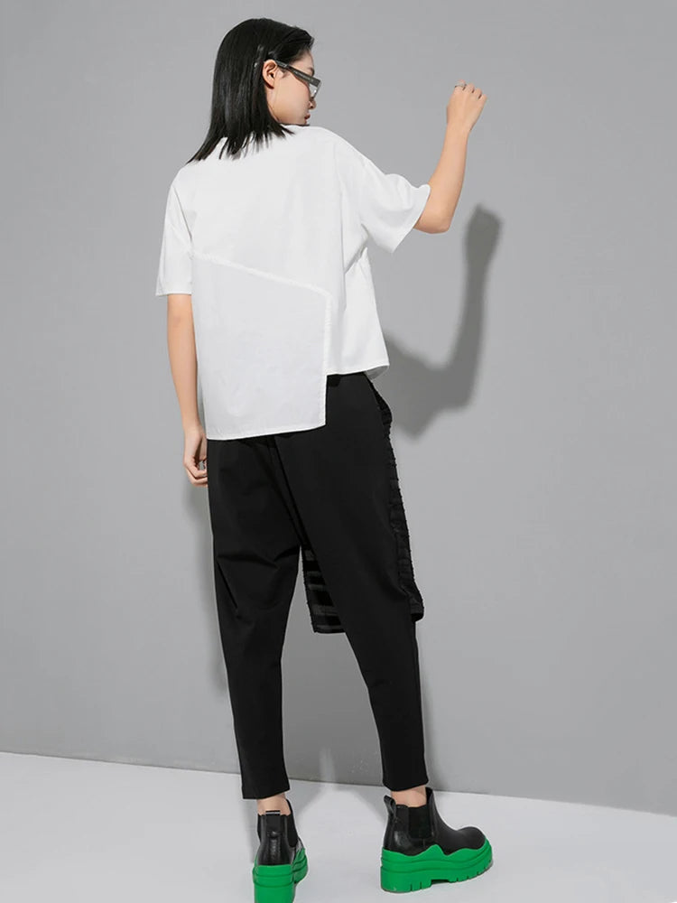 [EAM] Women White Irregular Zippper Casual Big Size T-shirt New Round Neck Short Sleeve Fashion Tide Spring Summer 2026 1DE8921