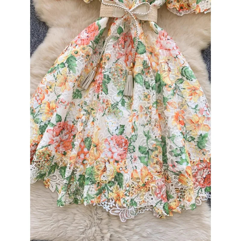 2025 New Dresses Women French Strap Waist High Neck Bubble Sleeve Hollow Hook Flower Lace A-line Short Vestidos