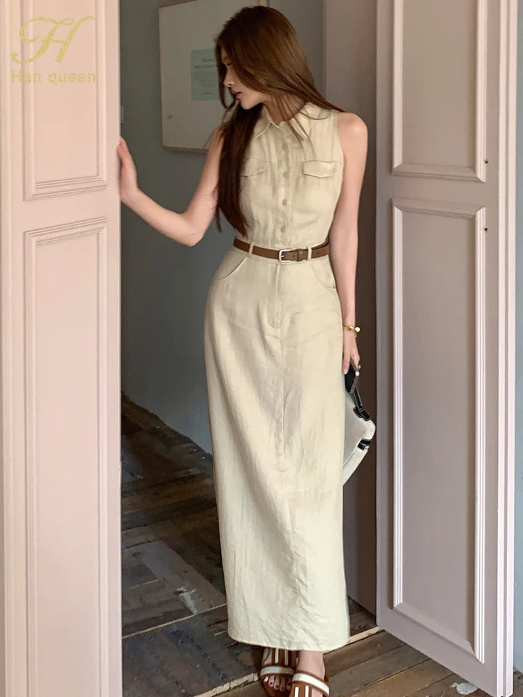 French style Sheath Pencil Simple Solid Slim Button Sleeveless Work Business Dress Women Summer Lapel Shirt Dresses