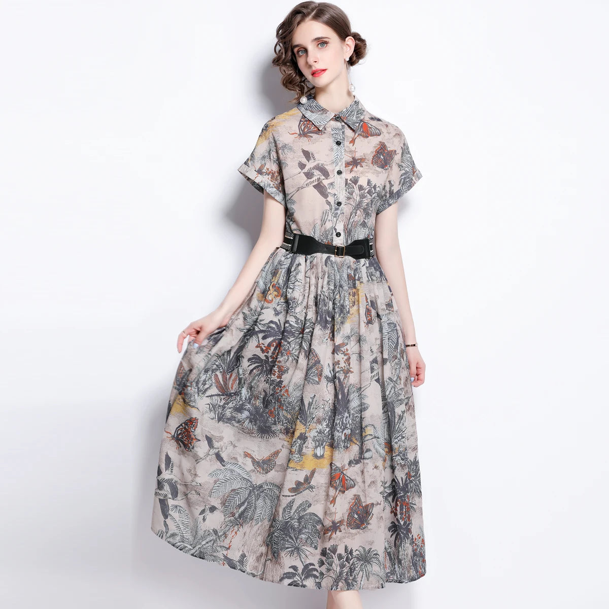 Designer Summer Women's A-Line Dresses 2023 Runway Elegant Lapel Short Sleeve Vintage Printed Midi Vestidos Robes Ladies M1861