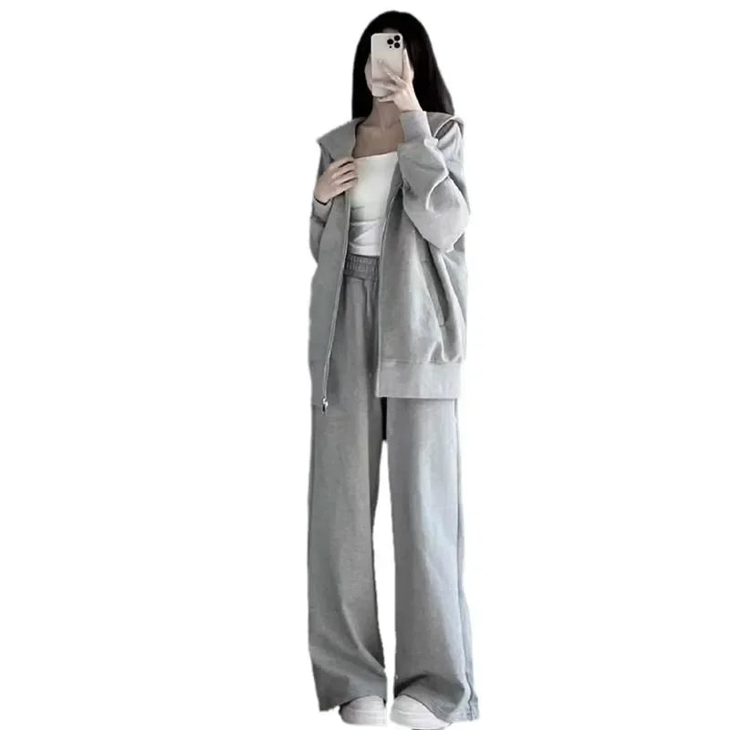 Grey Loose Women's Sportswear Set Autumn Winter Casual Wide Leg Pants Hoodie Two Piece Suit Comfortable Fashion Outfit