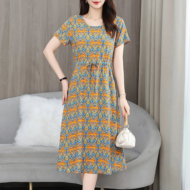 New Fashion 2025 Print Summer Dresses For Women Short Sleeve O-Neck Elegant Summer Dress Woman Clothing