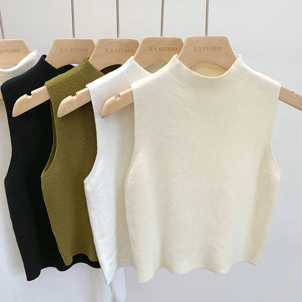 Elegant Knit Vest Top Sleeveless Women Camisole Tees T-Shirt Pure Color Sweater Half-turtleneck Vest Tank Top Simple Cropped Top
