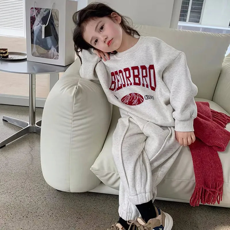 Winter Baby and Girls Gray Alphabet Warm Fleece Lined Sweatshirt+Sweatpant Kids Tracksuit Children Outfit Jogging Set 2-8 Years