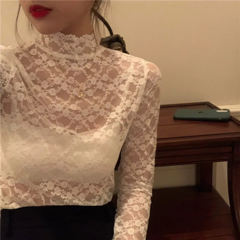 Women's Lace Base Shirt Hollow out Long Sleeve Half High Collar Mesh Top Fashionable Commute Style Korean Version White Color