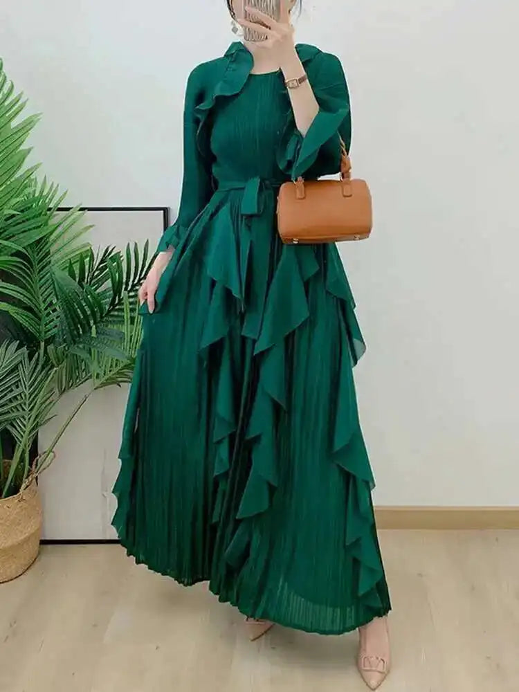 LANMREM Fashion Ruffles Pleated Dress Women Round Neck Flare Sleeves Solid Maxi Belt Dresses Party 2025 Spring New 2AA1502