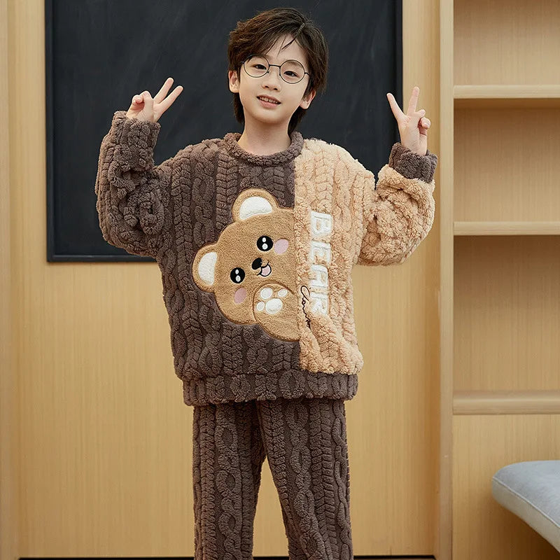 Flannel Pajamas For Boy Flannel Warm Pyjamas Kids Thicken Cartoon Teens Sleepwear Cute Big Boys Girls Night Clothes 10 12 14 16Y