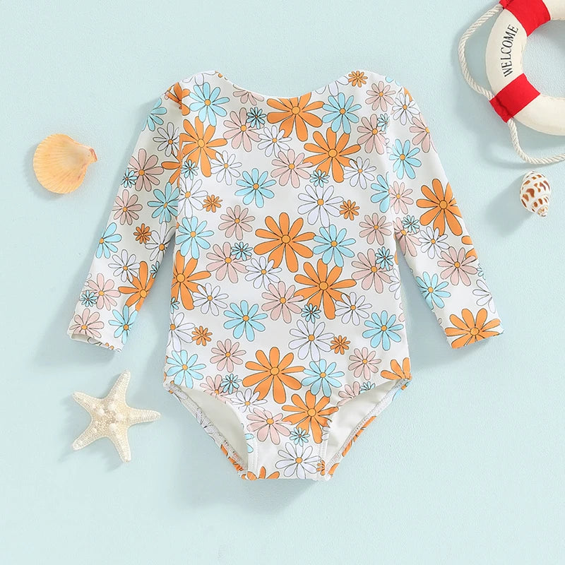 0-4Y Baby Girls Long Sleeve Swimwear Floral Print Back Cut Out Knot Swimsuits Toddler Bathing Suits Beachwear Kids Bikini