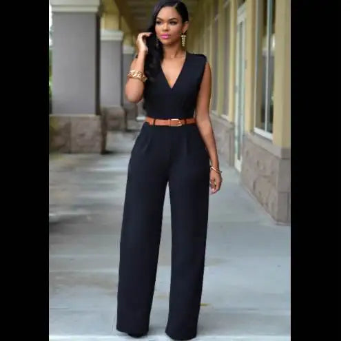 Summer Women's Jumpsuit Wide Leg Pants V-Neck One-Piece Suit with Belt Casual Fashionable Ladies' All-In-One Clothing