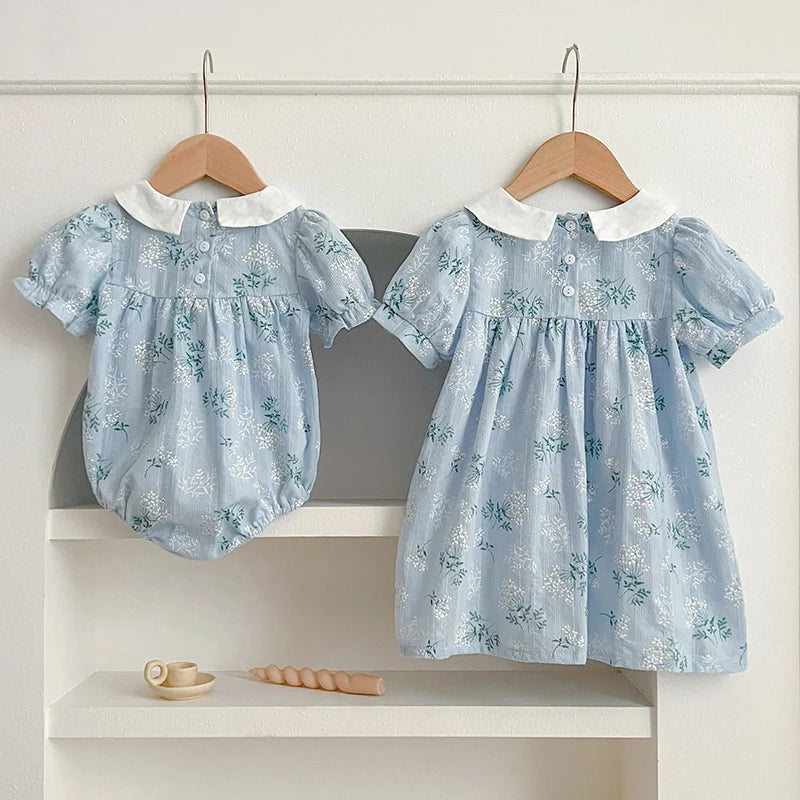 2024 New Summer Sister Clothing Kids Princess Dresses Infant Baby Jumpsuit Short Sleeved Cotton Print Baby Girl Party Dress