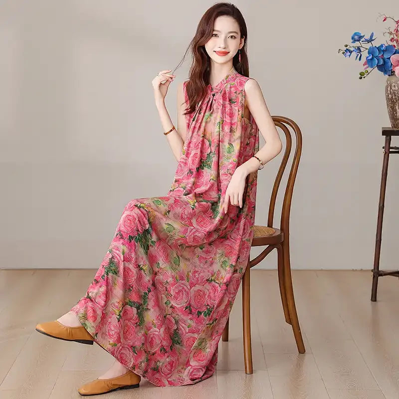 Summer Women's Ink Wash Floral Print Maxi Dress Sleeveless Stand Collar Tie Waist Casual Long Dress