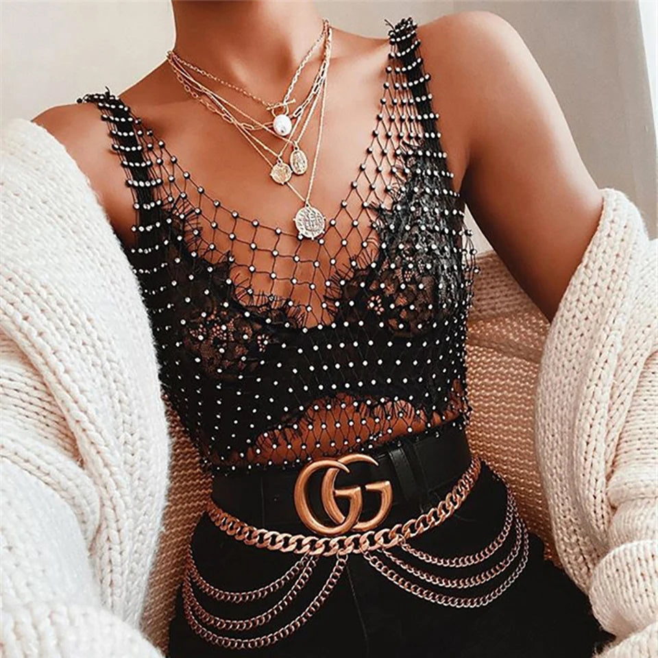 Women Sexy See Through Mesh Diamond Tank Tops Hollow Out Rhinestone Vest Beach Cover Up Crop Tops For Rave Festival Clubwear