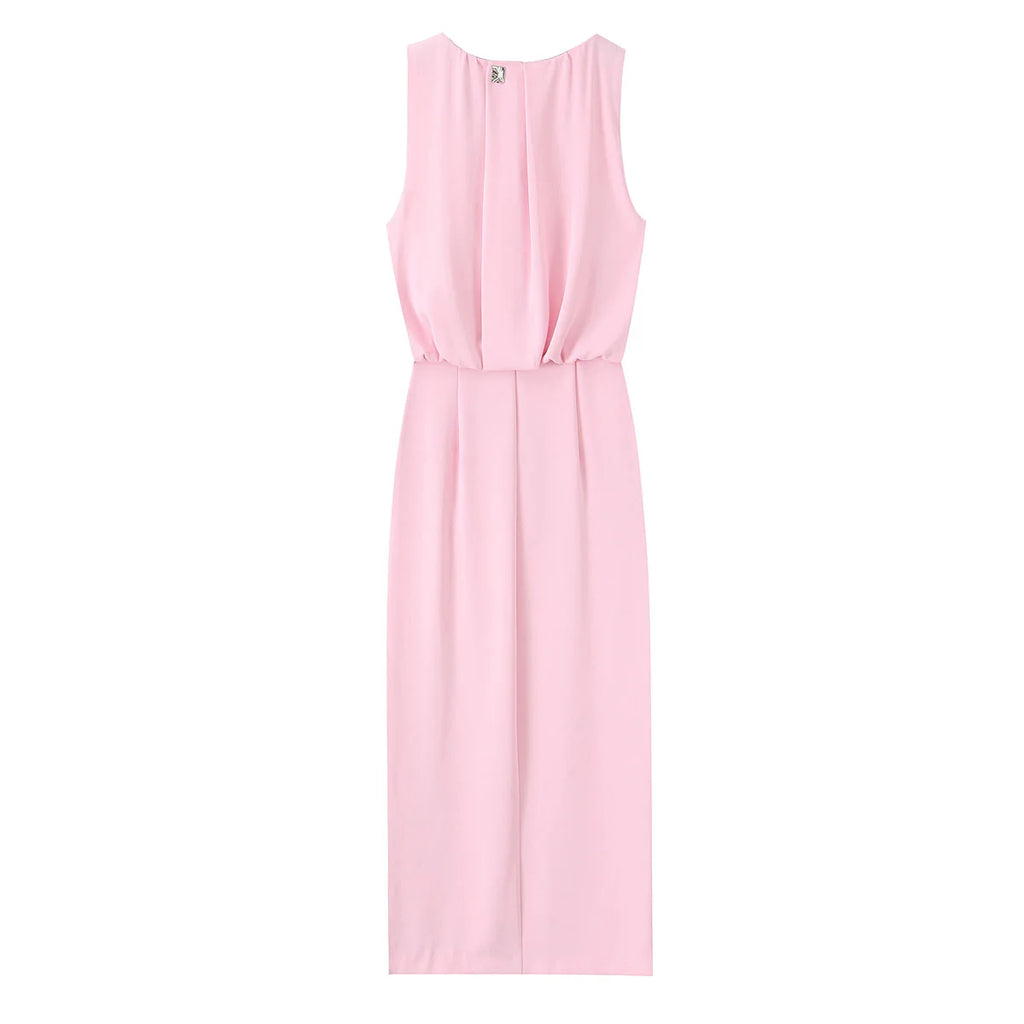 Ladies Solid O-Neck Midi Dress 2026 Summer Sleeveless Split Elegant Pleated Casual Vacation Dress New Fashion Lady Midi Dress