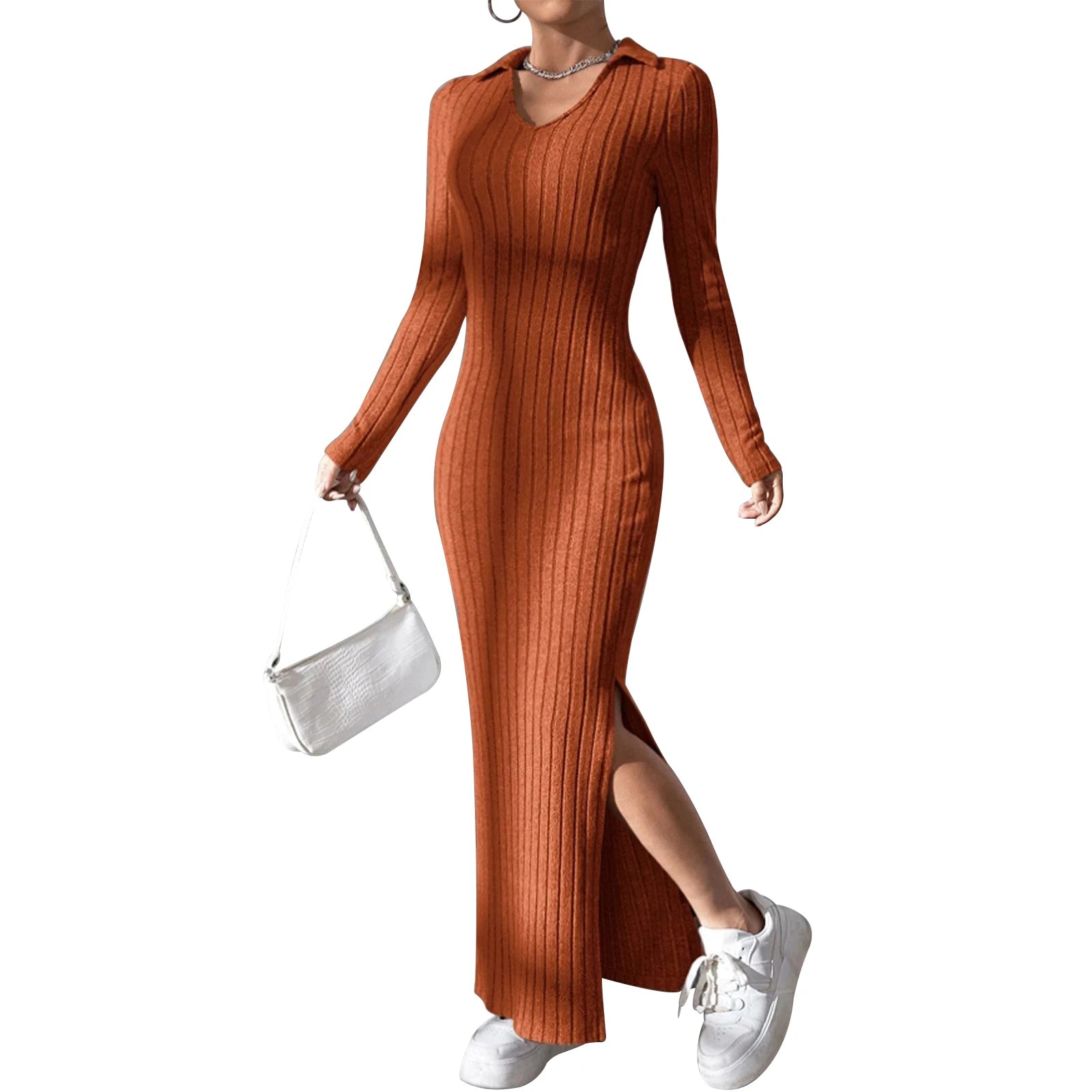 Women's Fall Winter Knitted Dress Long Sleeve Lapel Collar Solid Color Bodycon Long Dress Going Out Dress